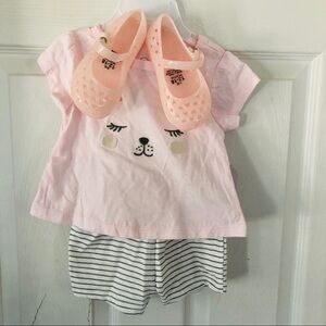 NWT kitty cat pink striped 2 piece shorts outfit W/ matching gelly shoes SZ 12M